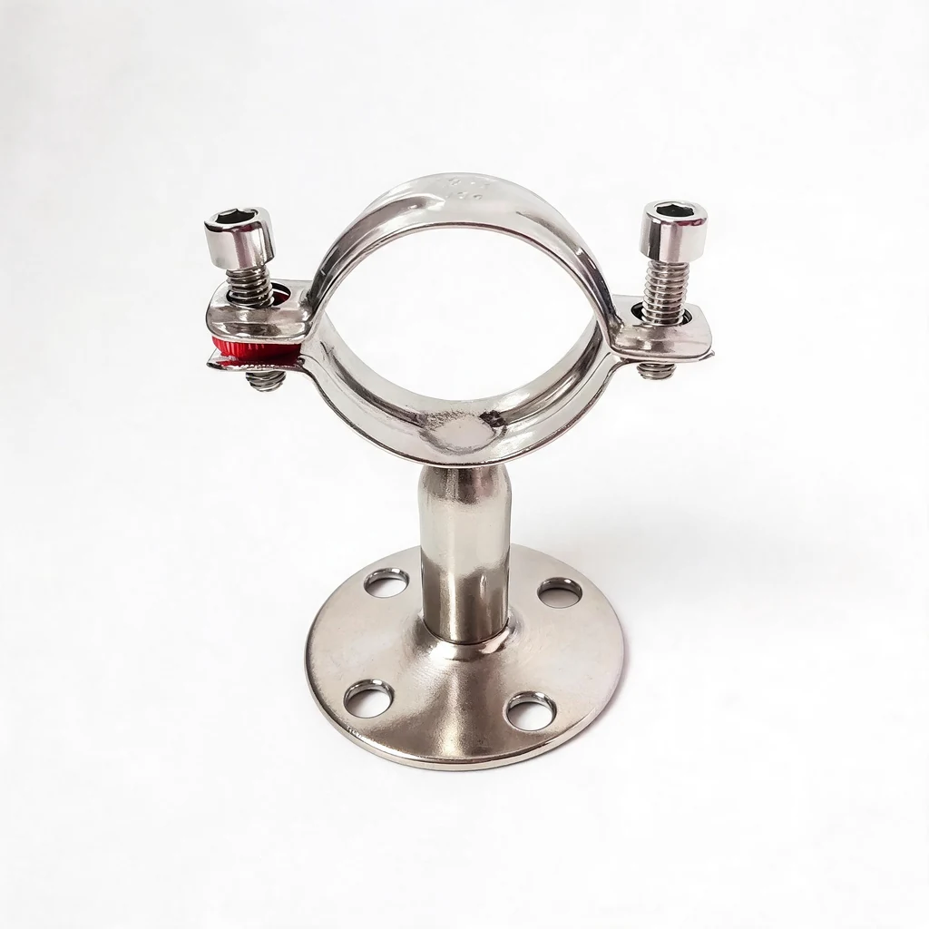 Insulated stand-off pipe clamp on a steel post and base plate for wind turbine cooling mains